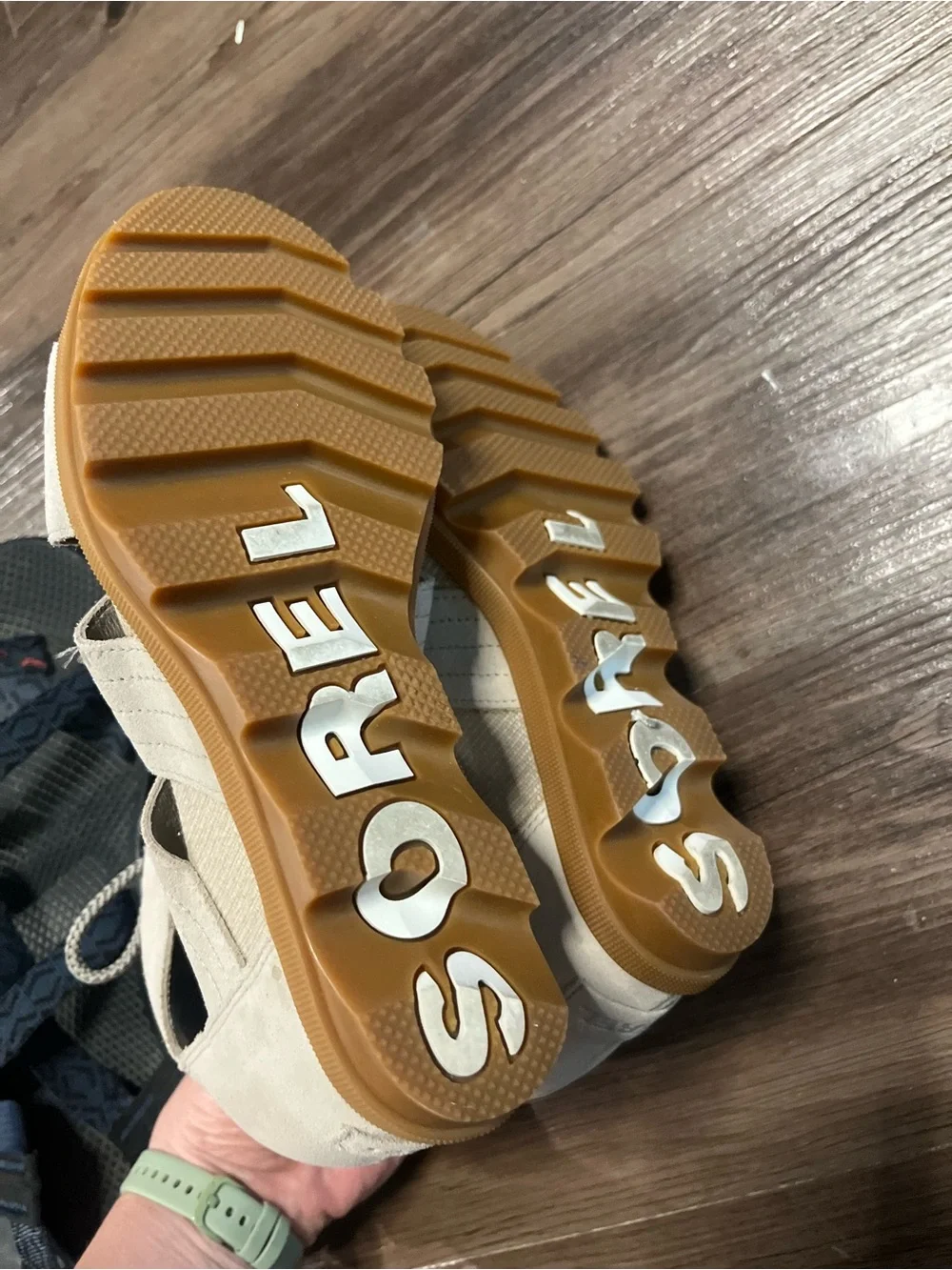 Sorel Women's Beige Cutout Wedge Sandals with Tan Lug Sole
